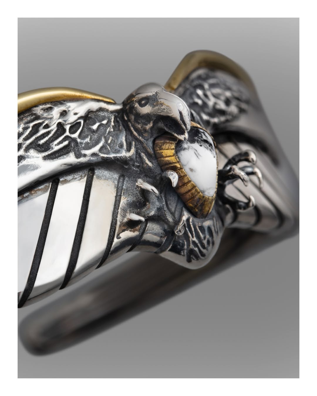 AQUILA BRACELET ELECTRUM .925 STERLING SILVER + 18K GOLD WHITE BUFFALO STONE SIZE MEDIUM